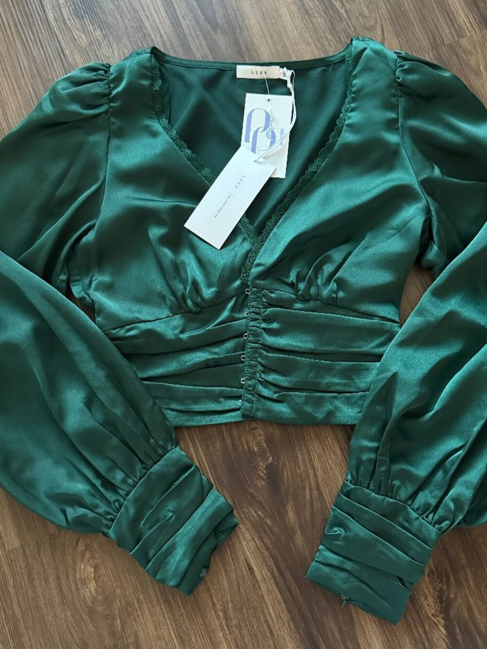 New With Tags Green Long Sleeve Blouse Hook Closure Corset-style Lush